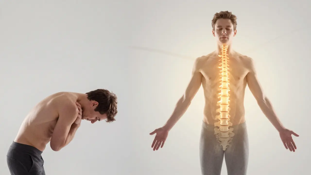 Před a po: člověk z klidného postojem přechází do uvolněné, vyrovnané polohy s jemným zářením podél páteře.