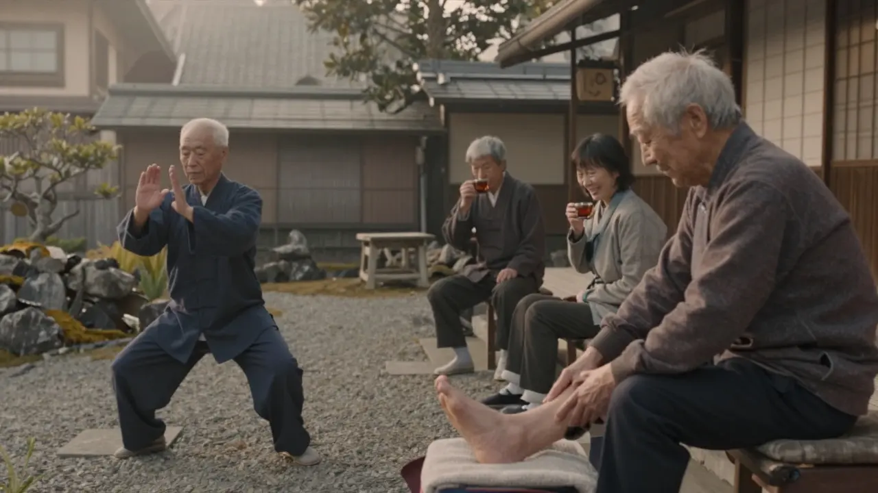 Skupina staletých lidí v japonské vesnici: jeden dělá tai chi, druhý dostává masáž nohou, třetí pije čaj v klidu.