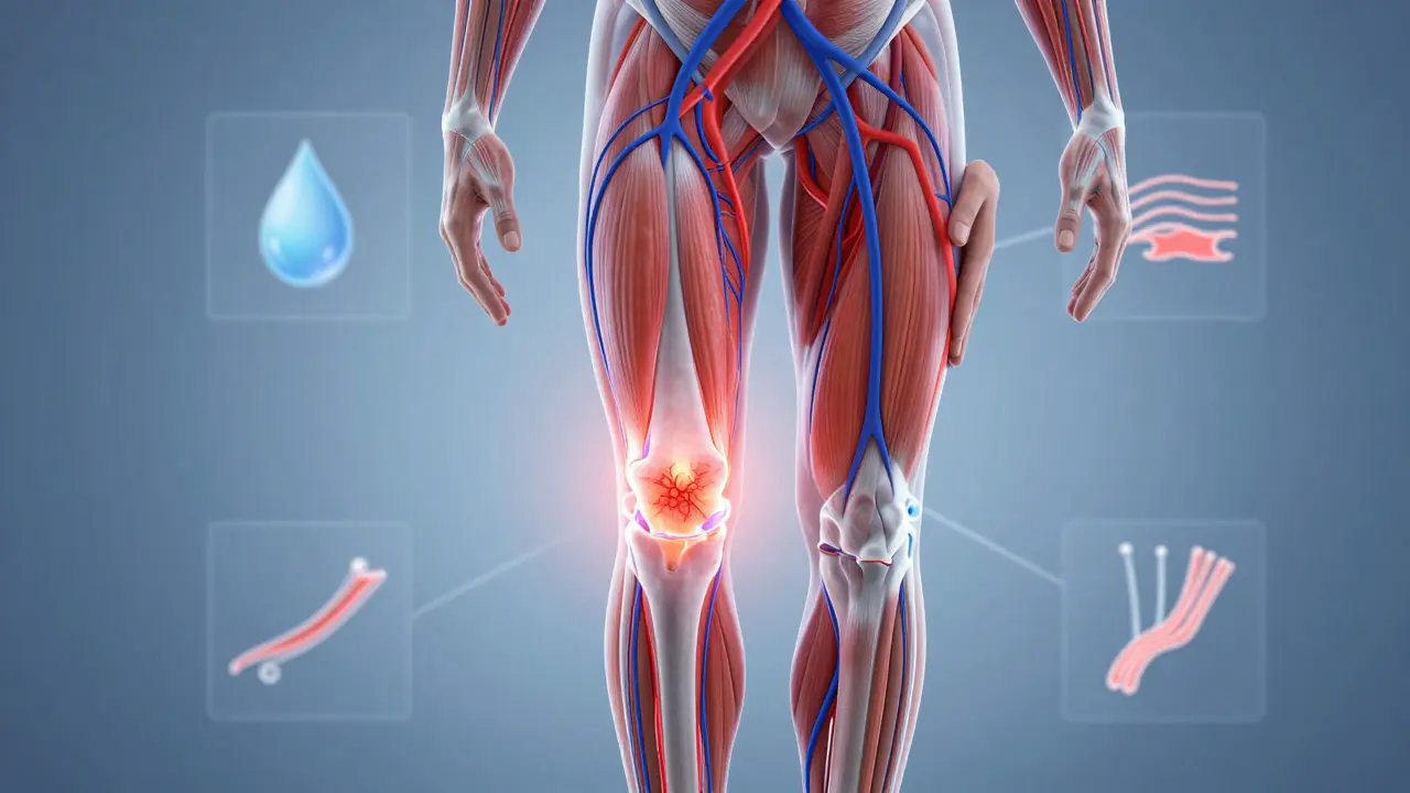 Vizualizace krevního oběhu a lymfatického odtoku v těle po rehabilitační masáži s důrazem na hojení jizvy.