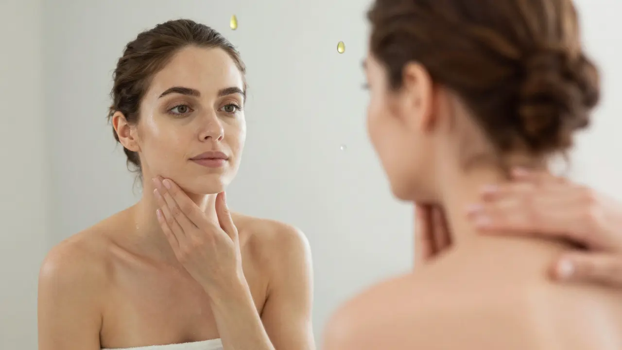 Žena s mladší vzhledem kůže v zrcadle, zatímco neviditelné ruce ji masírují zezadu.