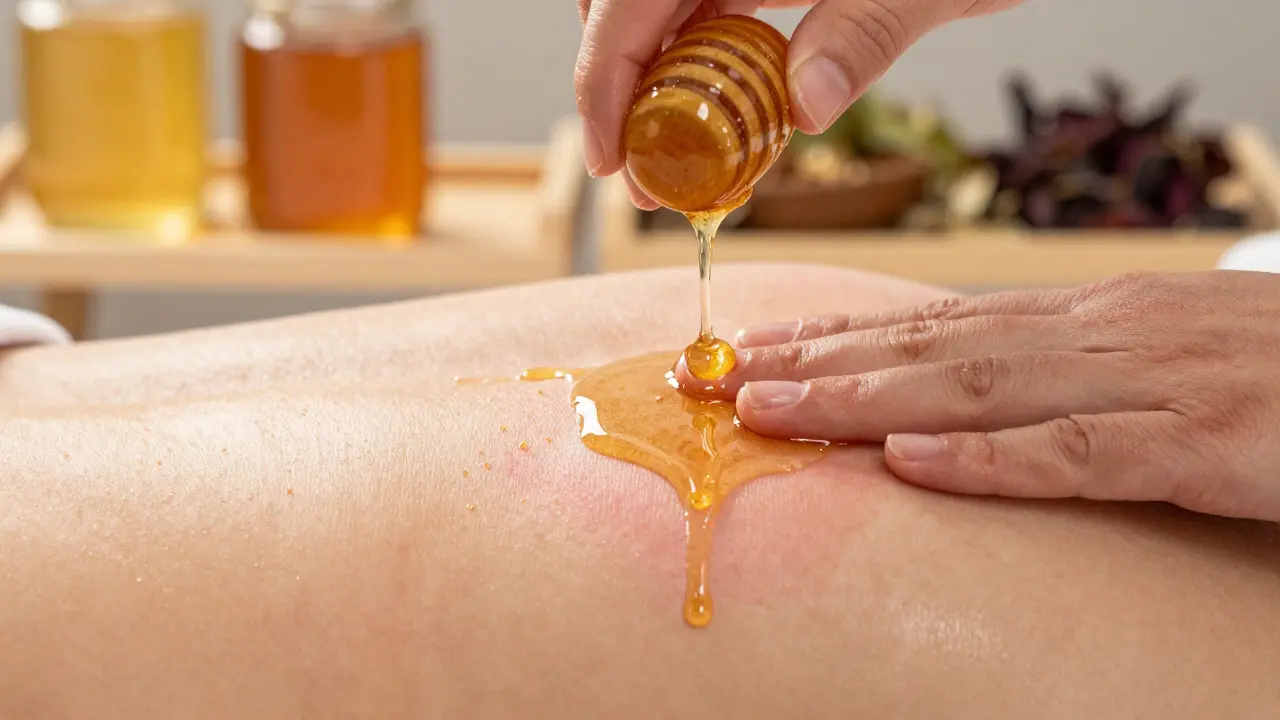 Blízký pohled na kůži během medové masáže, kde med visí na kůži ve formě tenkých nití při jeho odstraňování.