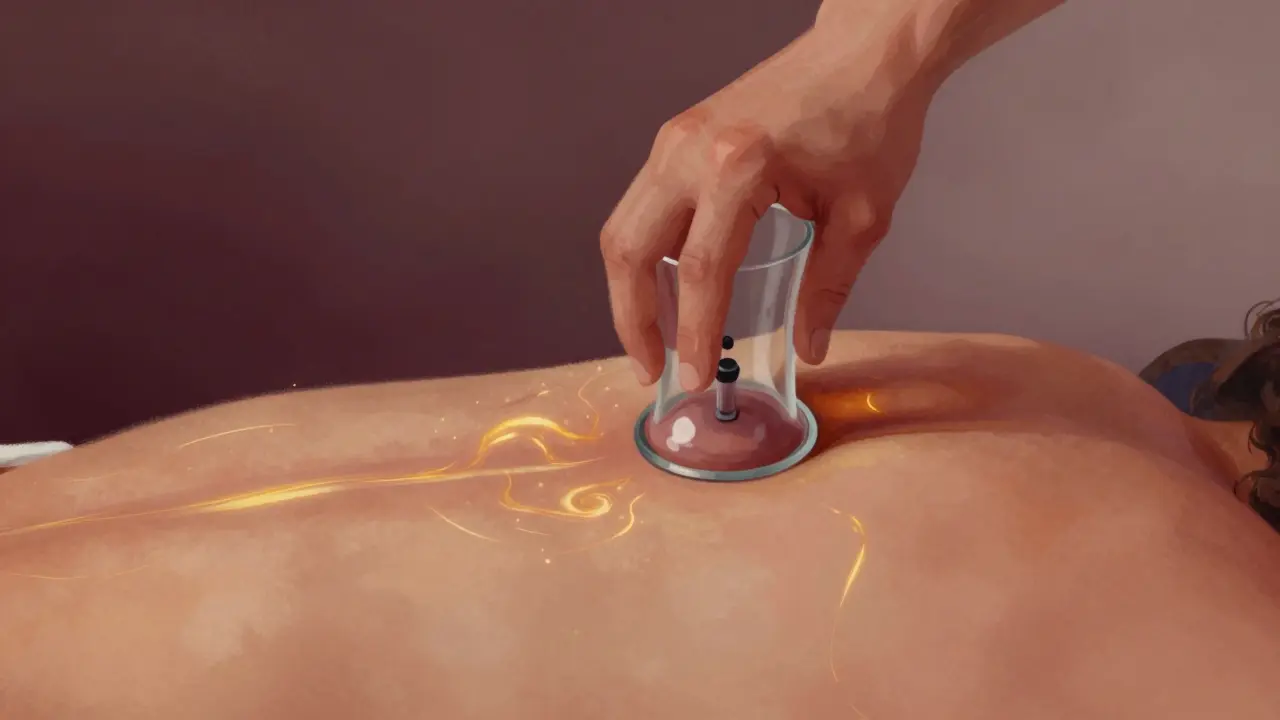 Detail ruky aplikující baňku na záda, s vizuálními proudy krve a lymfy pod kůží, znázorňující zlepšení oběhu.