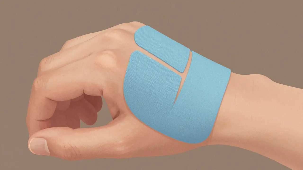 Detail zápěstí s kinesiotejpem, který jemně zvedá kůži, znázorňující snížení tlaku na nervy.