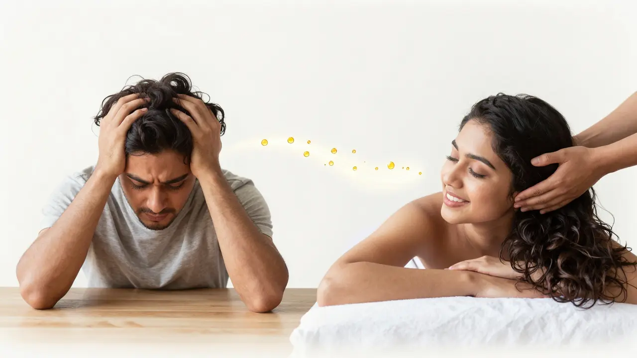 Dvě verze téže osoby: jedna stresovaná, druhá klidná a oživená po masáži hlavy.