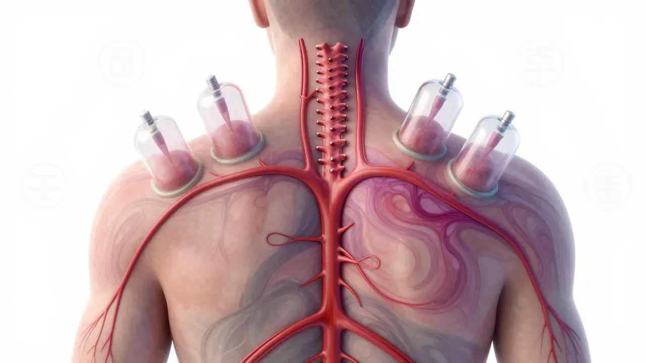Koncepční obrázek krevního oběhu podbaňkováním na zádech a ramenách, průhledné vrstvy tkaně s červenými proudy.