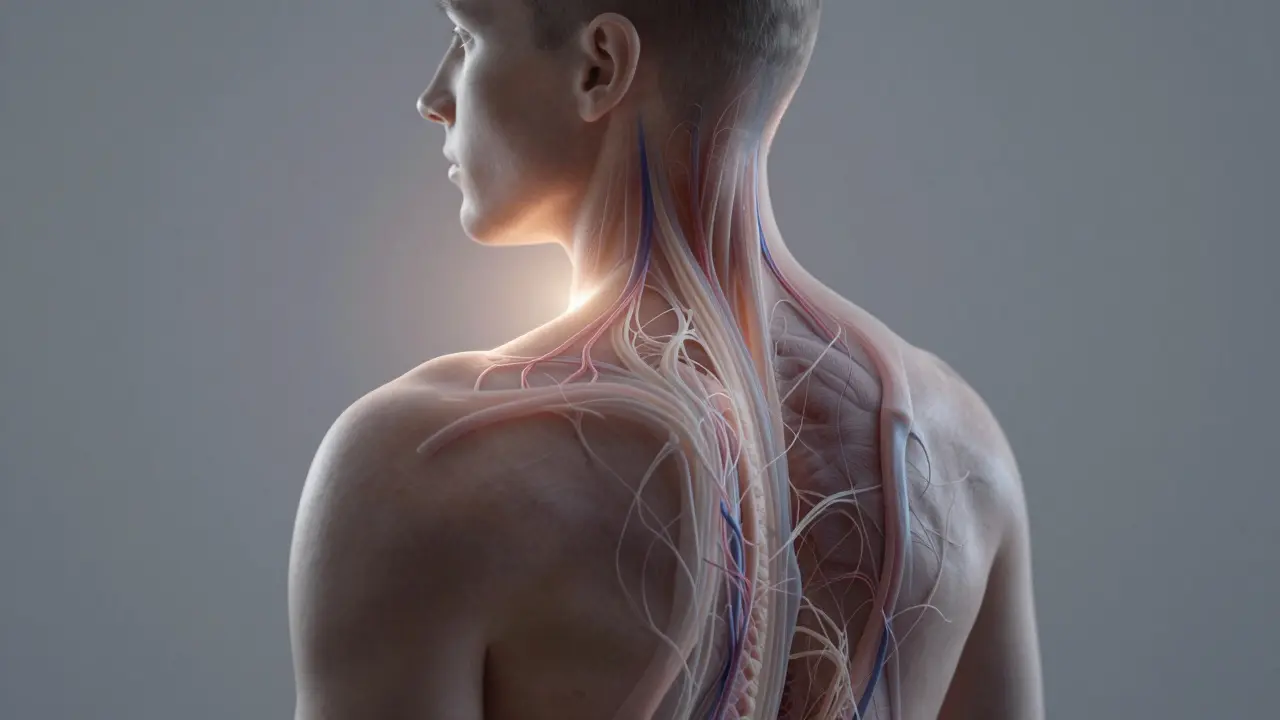 Přehled těla s průhlednými vrstvami tkání, kde se svařené fascie uvolňují pod vlivem podtlaku, světlo označuje oblasti uvolnění.