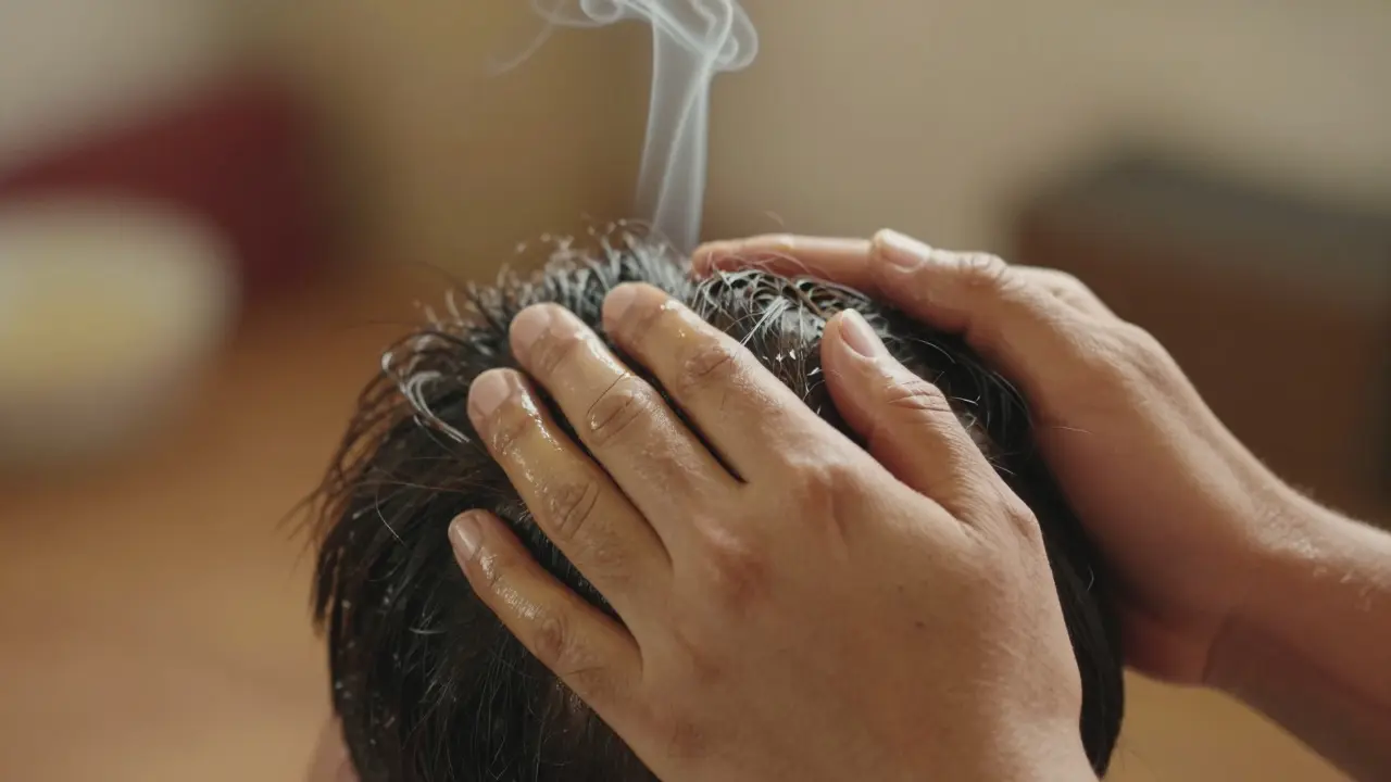 Ruce masírují kůži hlavy kruhovými pohyby s přirozeným olejem, vlasové folikuly jsou viditelně naplněny olejem.