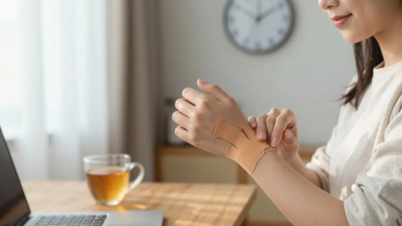 Žena s kinesiotejpem na zápěstí si protahuje ruku a pije čaj, symbolizující prevenci bolesti.