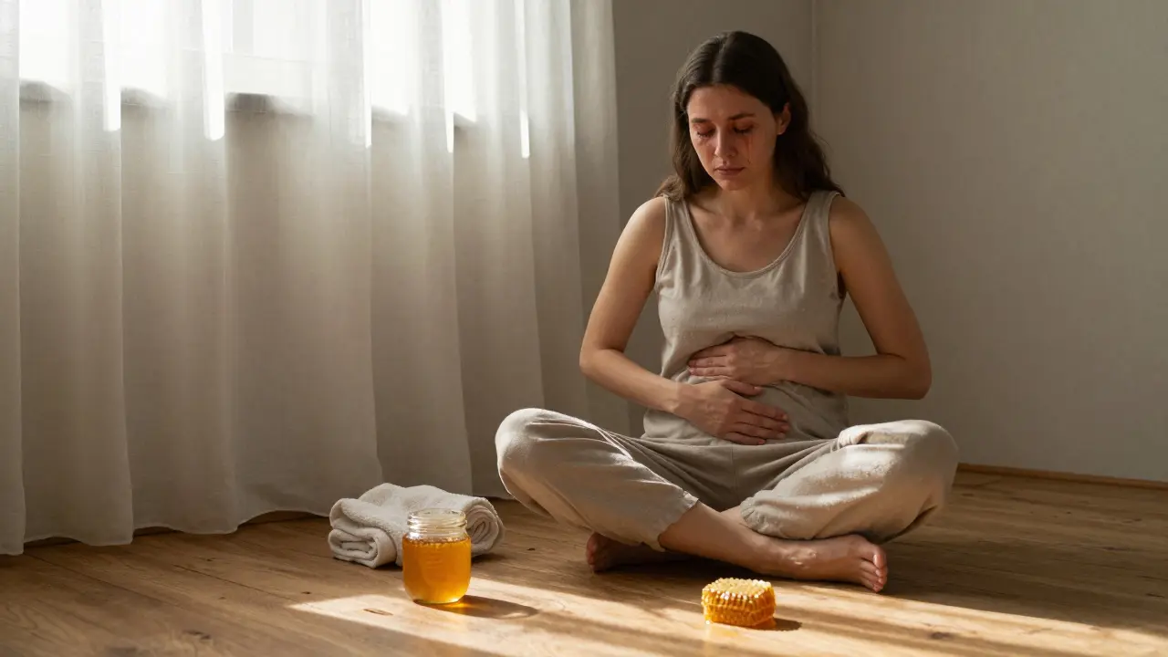 Žena sedí s očima zavřenými, ruce na břiše, v klidné místnosti, zatímco sluneční světlo osvětluje její klidný výraz.