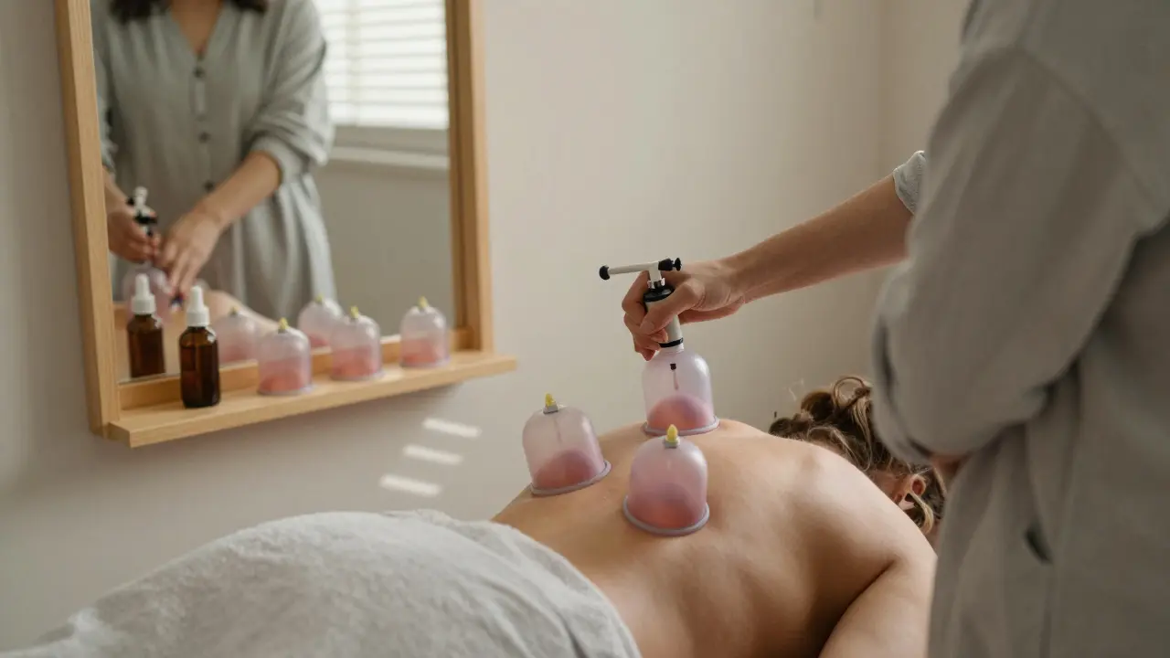 Žena si sama aplikuje baňky na záda v domácím prostředí, zrcadlo ukazuje postup, klidný večerní světlo.