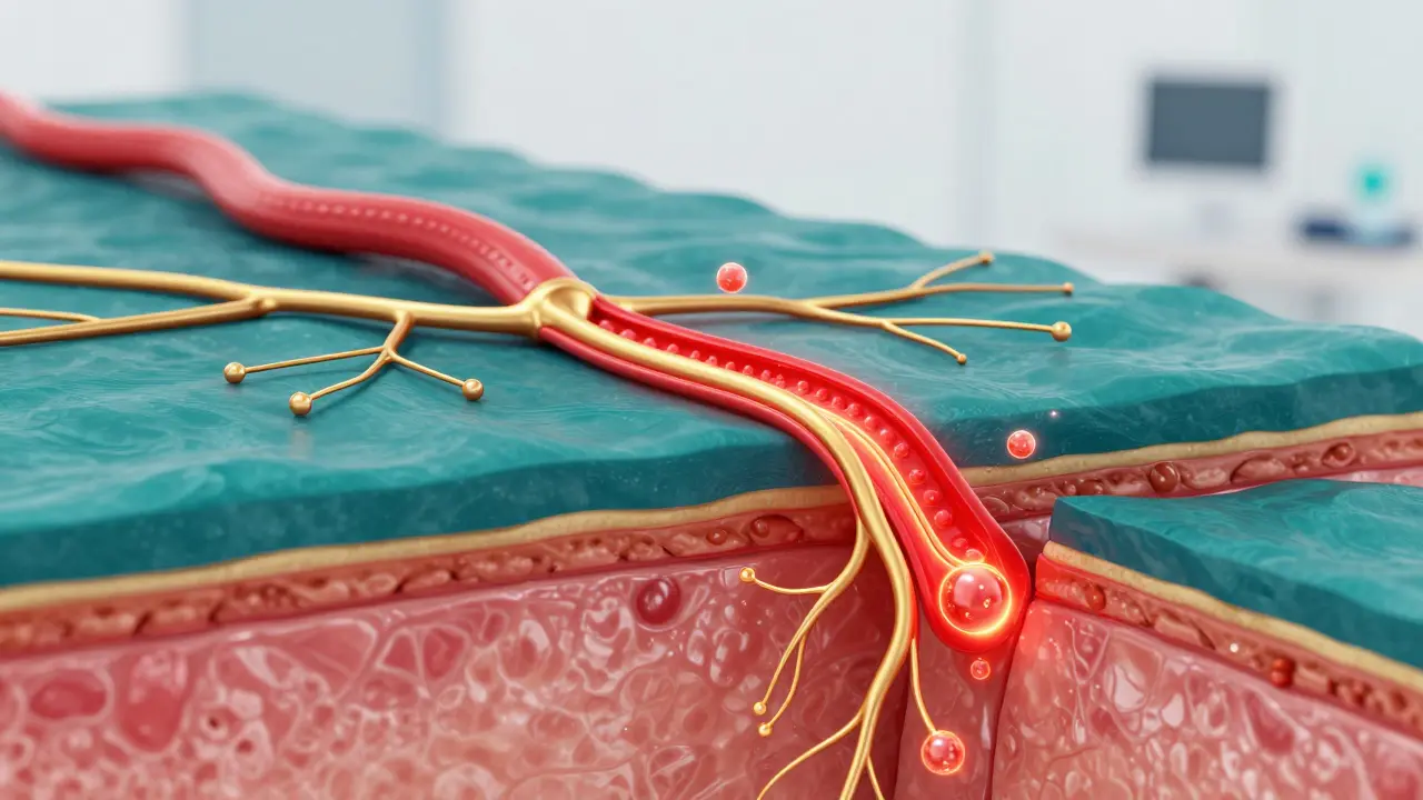 3D vizualizace mikrocirkulace krve a tvorby kolagenu v pokožce.