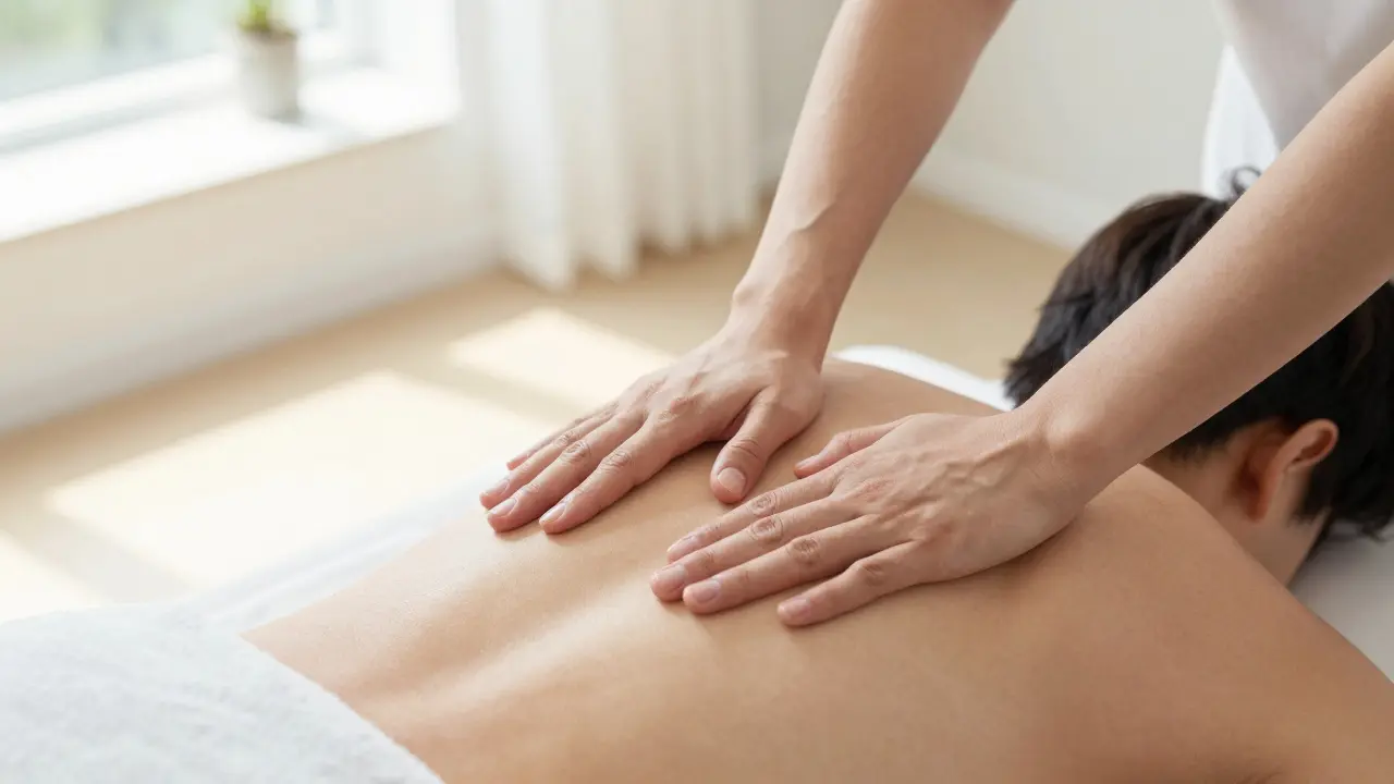 Detail jemného terapeutického tlaku na páteř v uklidňujícím studiu.