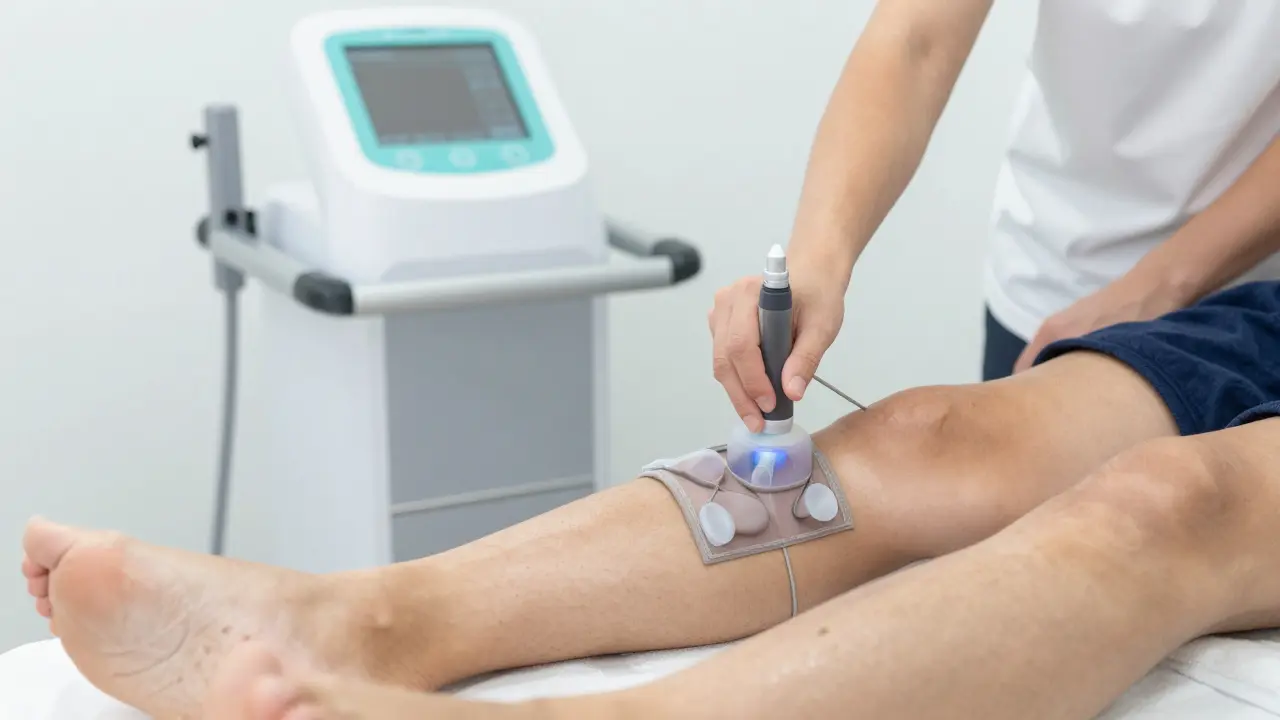 Detail moderního přístroje na vakuoterapii aplikovaného na nohu sportovce