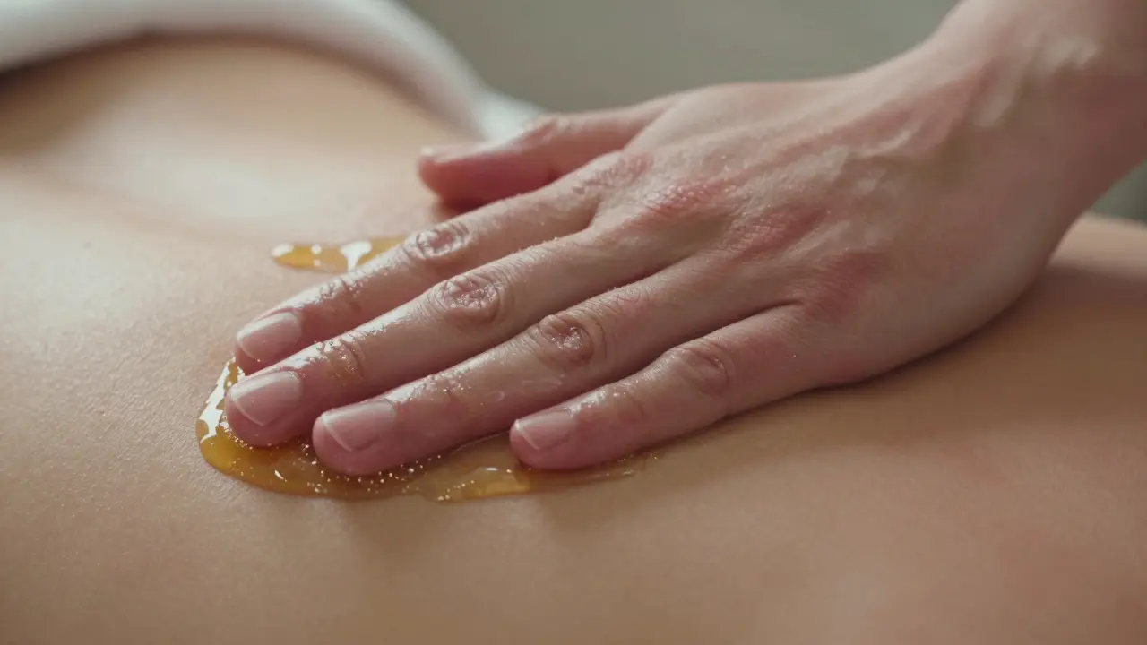 Detail ruky provádějící medovou masáž s efektem přisávání kůže.