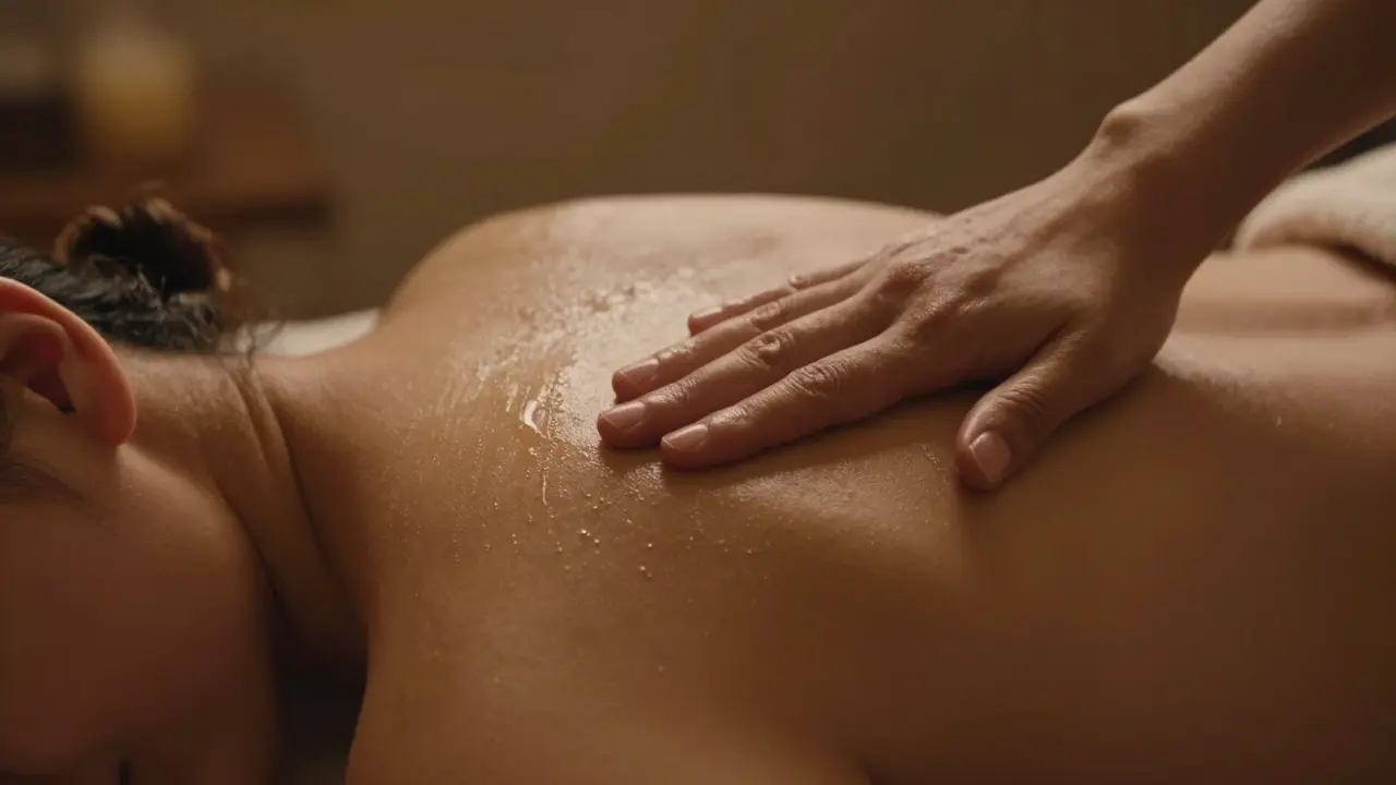 Detail uvolněného ramene s jemným nánosem oleje v teplém, relaxačním osvětlení.