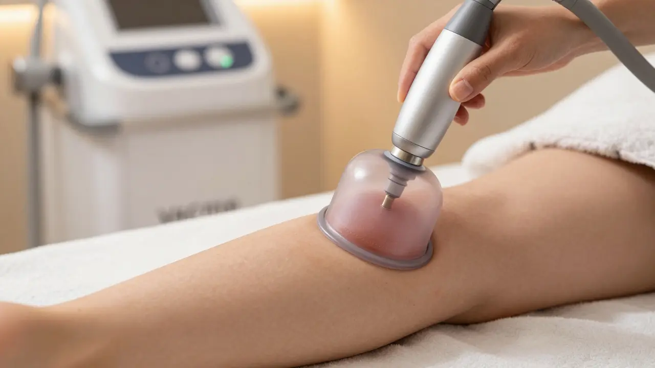 Detailní pohled na vakuoterapii nohy v moderním wellness centru.