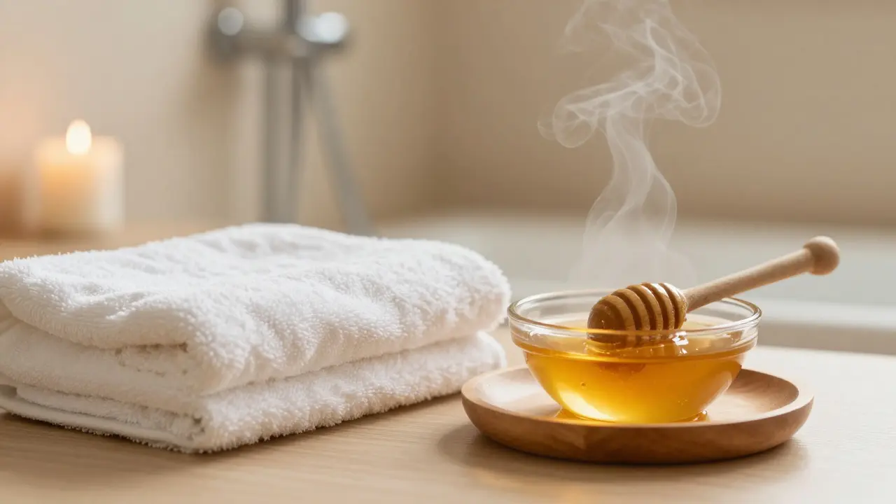 Domácí spa koutek s medem a bílým ručníkem v teplém osvětlení