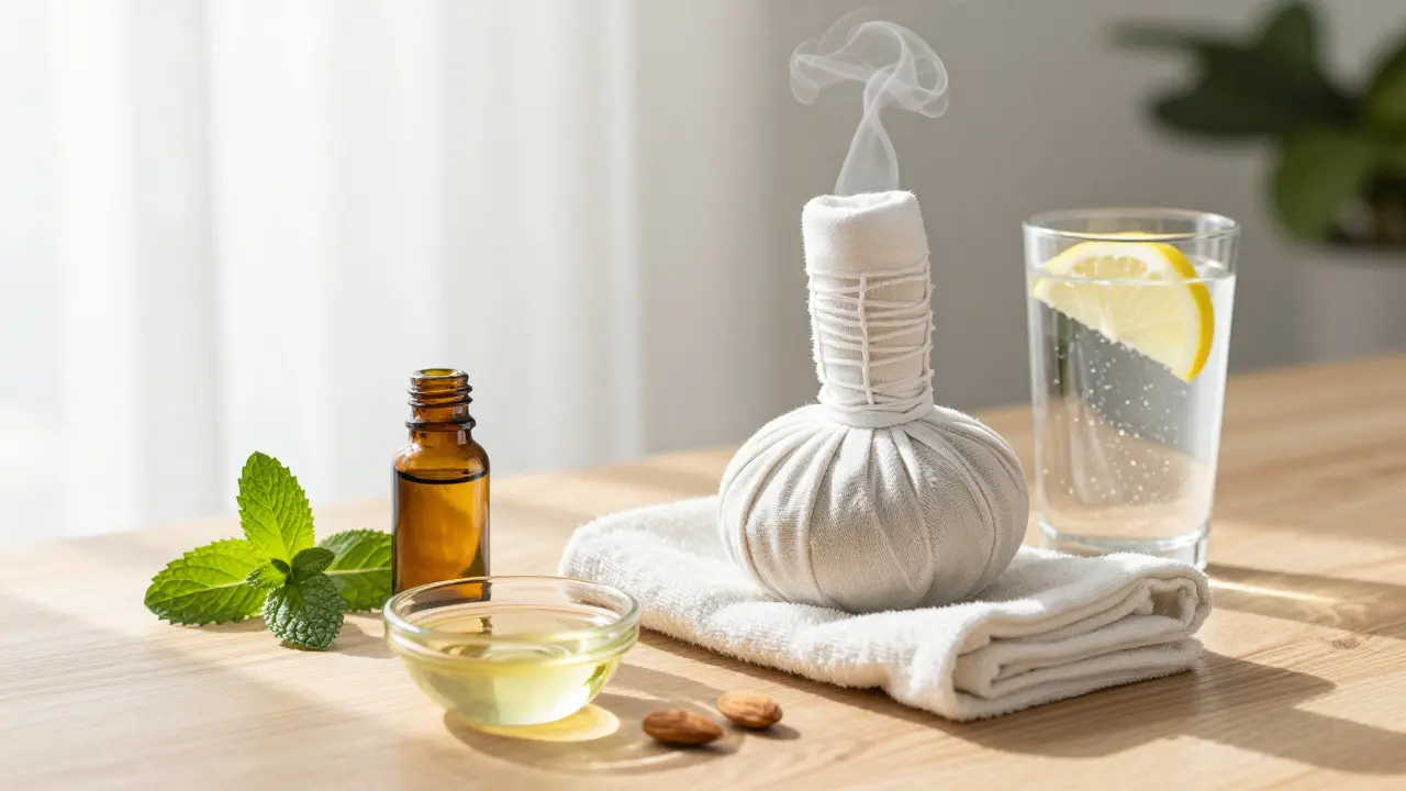Esenciální olej z máty, teplý obklad a sklenice vody na dřevěném stole.