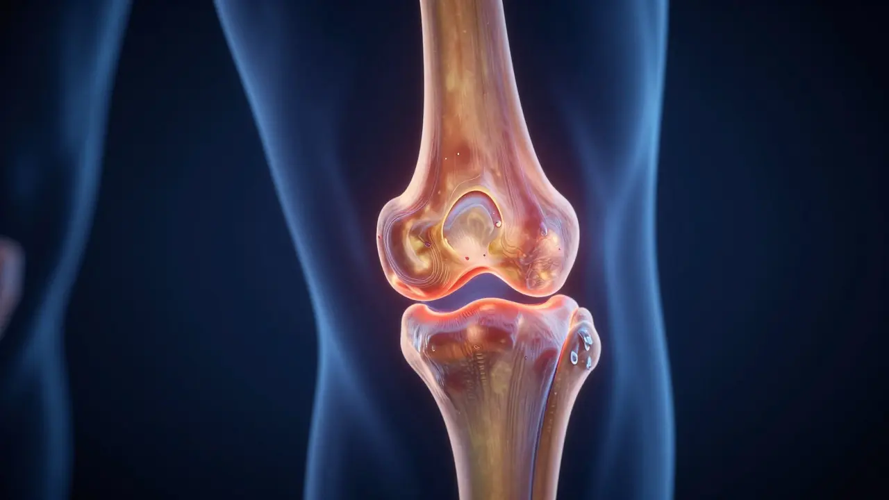 Konceptuální ilustrace psího kloubu znázornující zánět a opotřebení chrupavky.