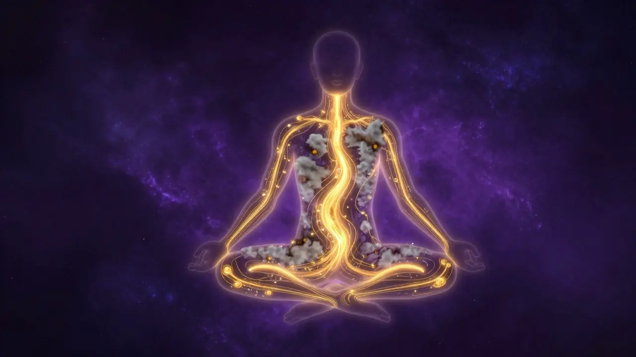 Konceptuální obraz vnitřní rovnováhy a proudící životní energie Prána v těle.