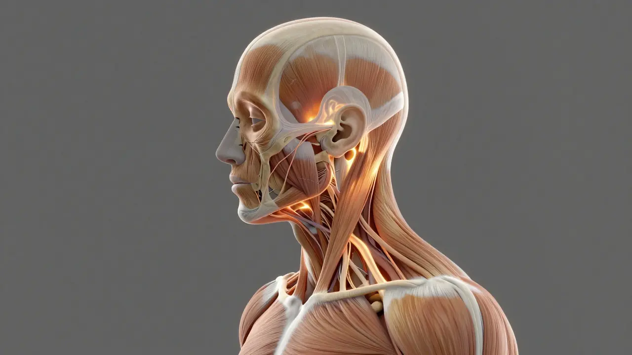 Konceptuální znázornění svalového napětí v oblasti ramen, krku a hlavy.