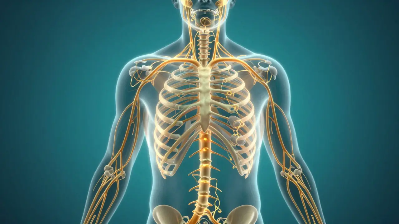 Konceptuální zobrazení lymfatického systému s zlatým světlem v lidském těle
