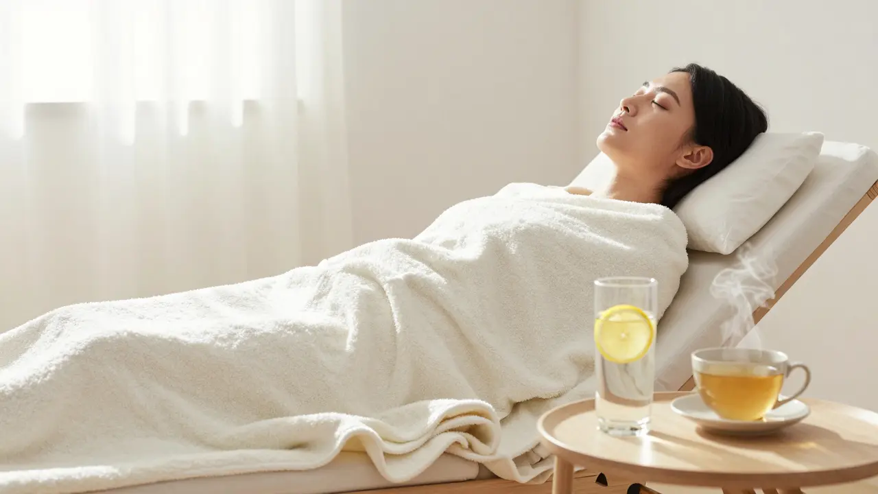 Odpočívající osoba zabalená do přikrývky s citronovou vodou a bylinkovým čajem.
