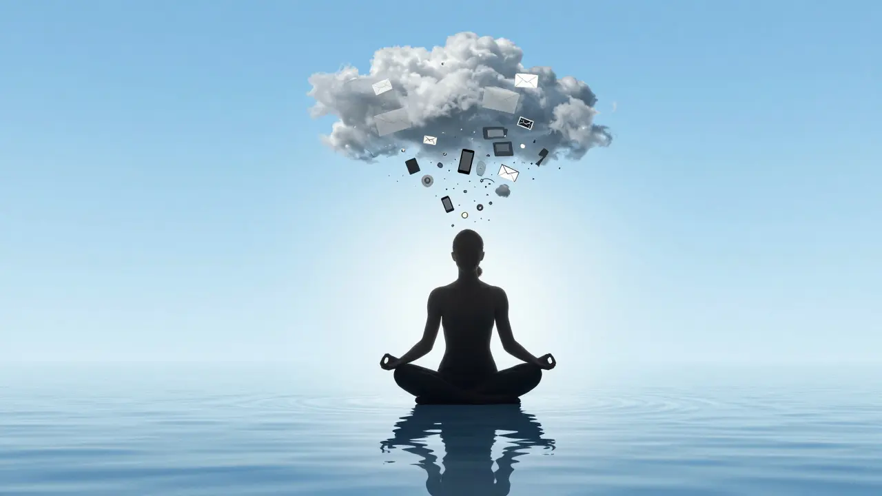 Silueta meditující osoby, ze které odplývá stres a chaos do čisté modré oblohy.