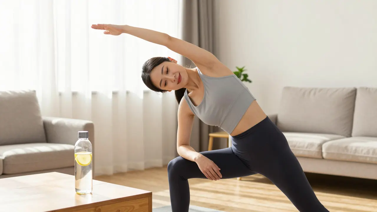 Sportovec provádí jemný strečink s vodou v doprovodu