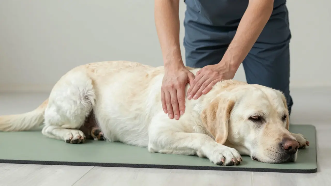 Terapeut jemně aplikuje Dornovu metodu na páteř uvolněného labradora.