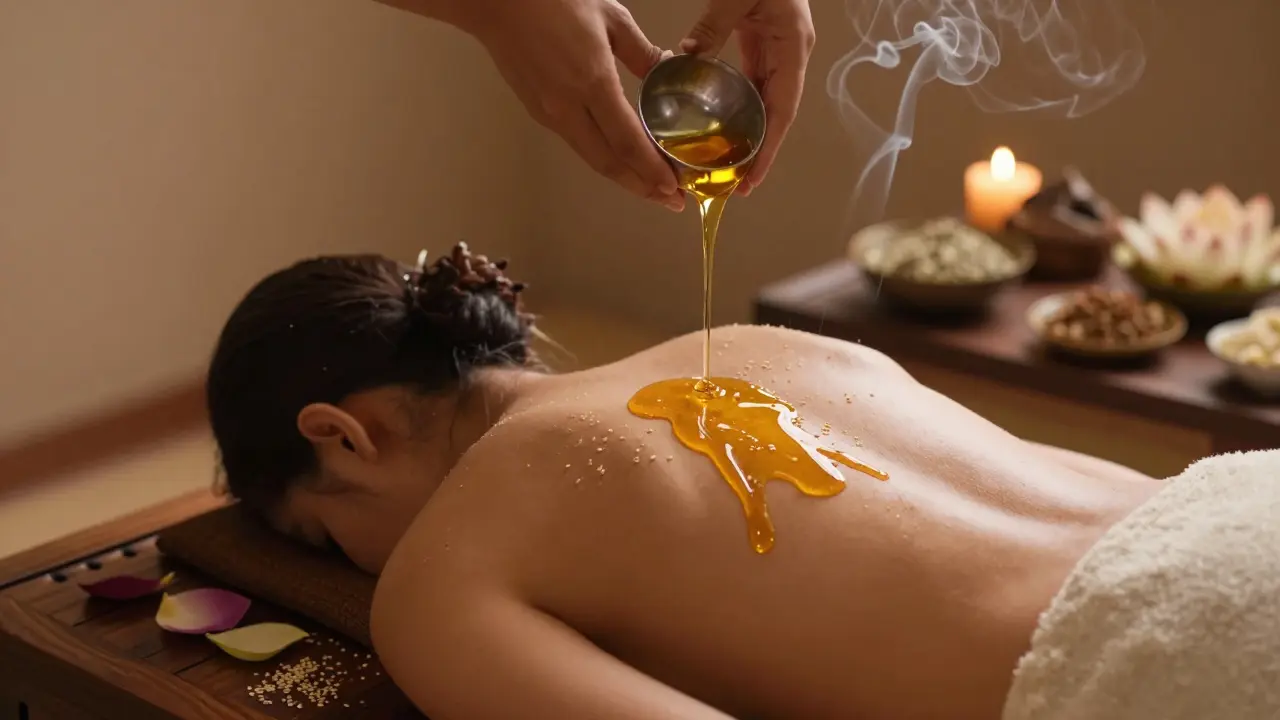Tradiční ájurvédský rituál Abhyanga s přiléváním teplého zlatého oleje na kůži.