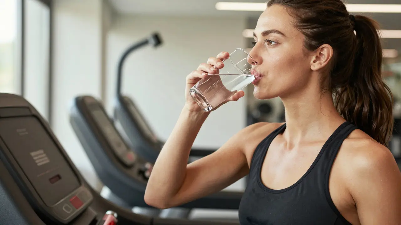 Žena pijící vodu po proceduře v moderním fitness centru.