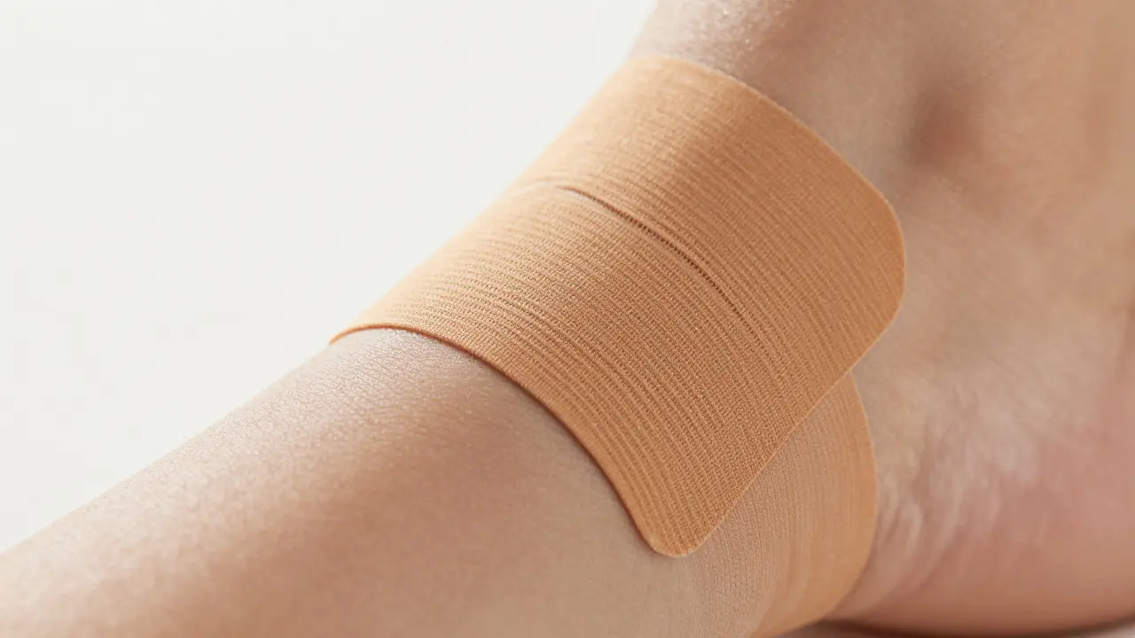 Detail aplikace tejpovací pásky na kůži ukazující vrásnění