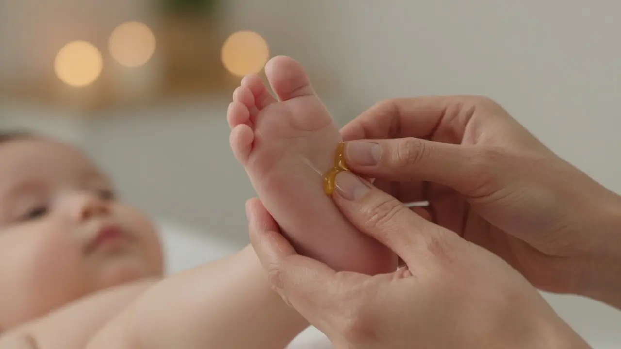 Detailní záběr masáže dětských nožiček s olejem při večerní rutině