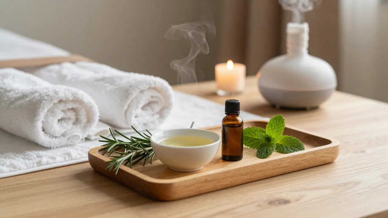 Domácí příprava na aromaterapeutickou masáž se svíčkami a oleji