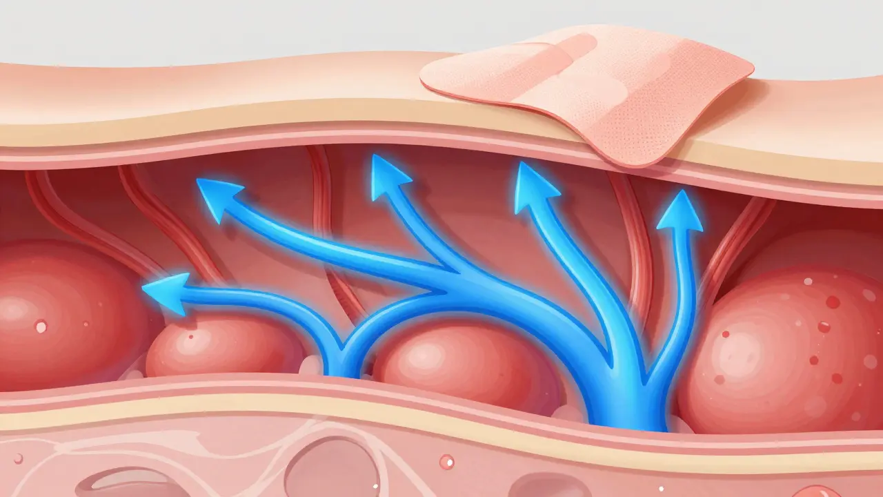 Ilustrace prokrvení a odstraňování toxinů pod kůží díky tejpování