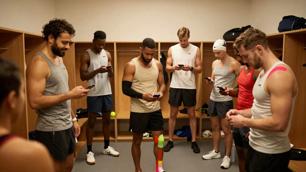 Skupina sportovců v šatně s různými typy tejpování na kloubech