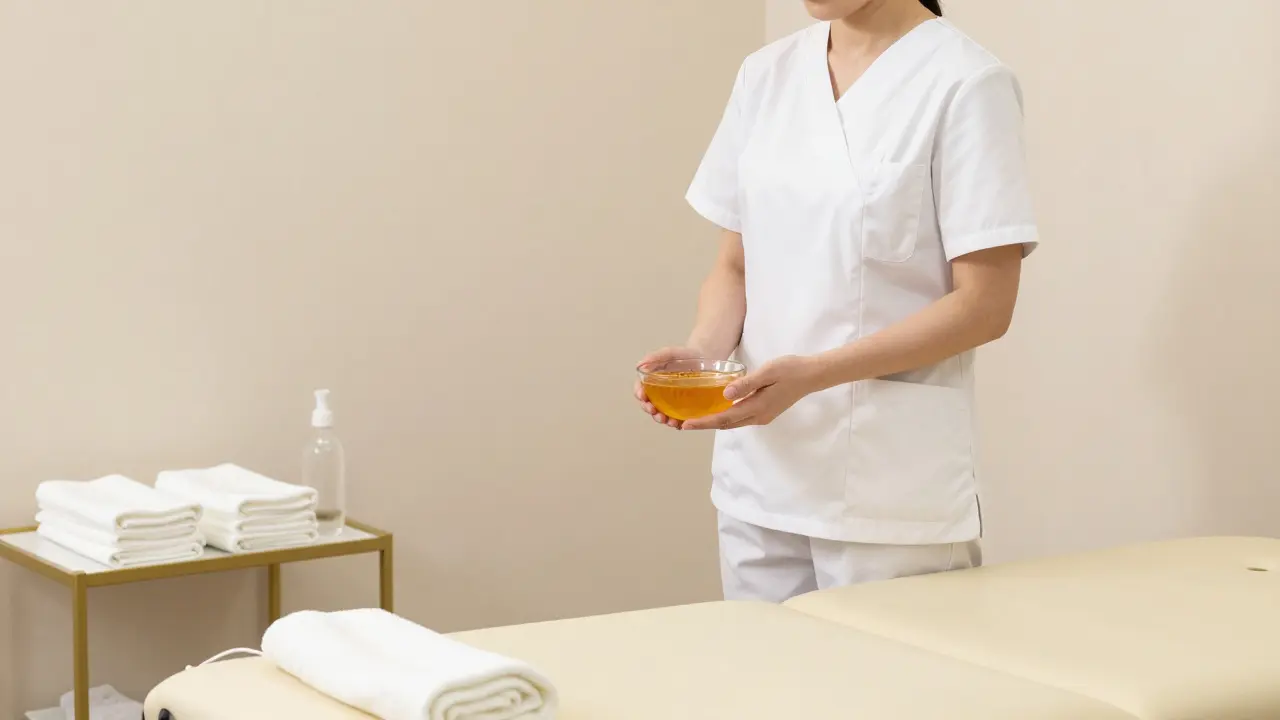 Profesionální fyzioterapeutická ordinace s misky medu a ručníky