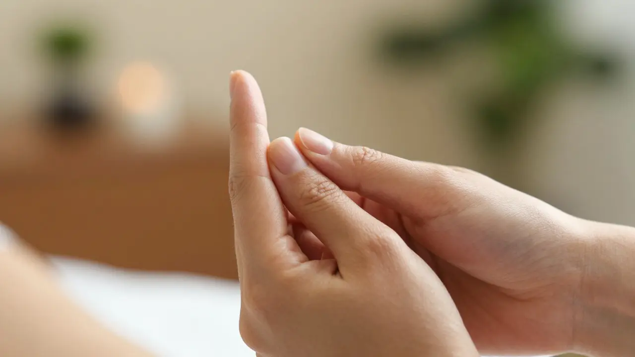 Záběr ruky terapeuta tlačící na bod mezi palcem a ukazováčkem