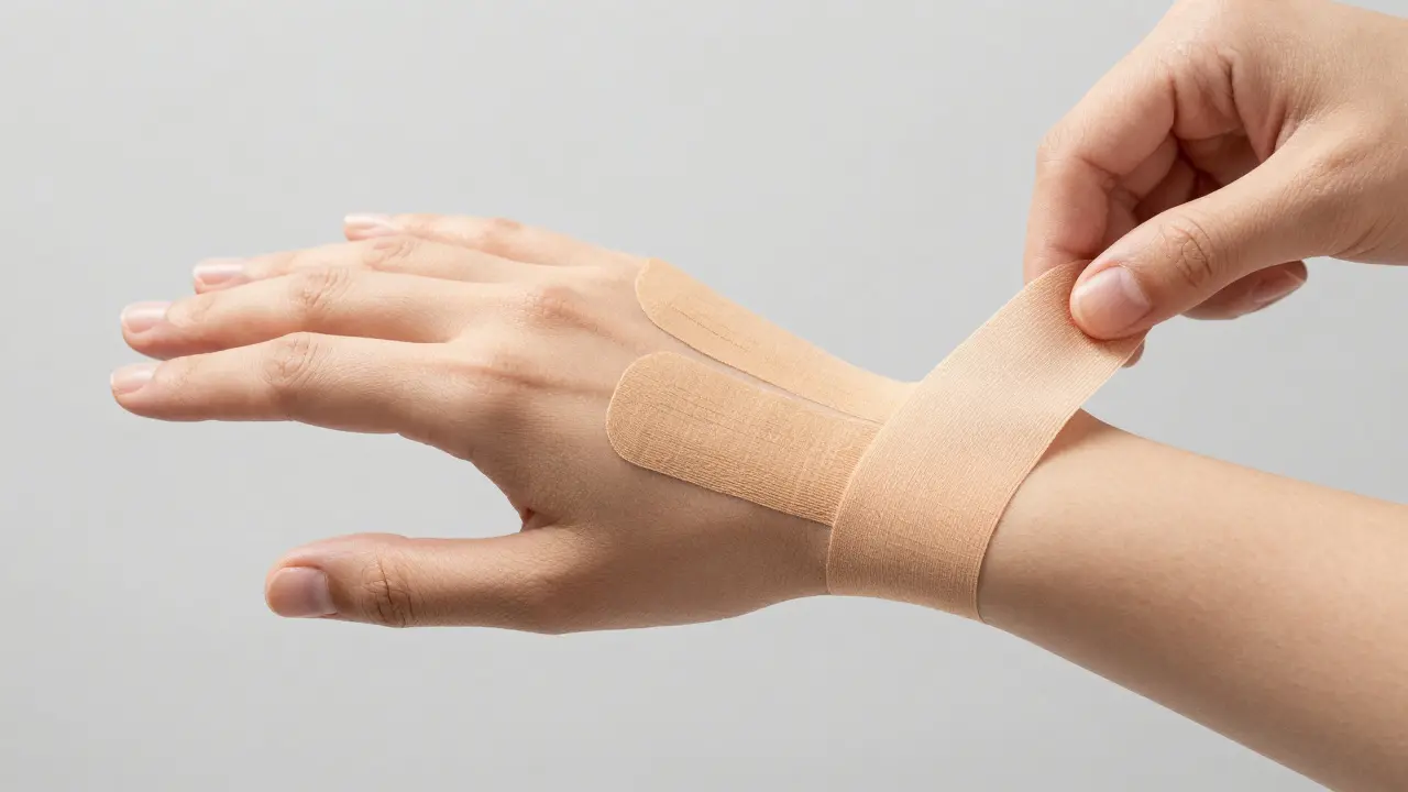 Blízký záběr aplikace kineziologické tapety na zápěstí bez napnutí kotvy