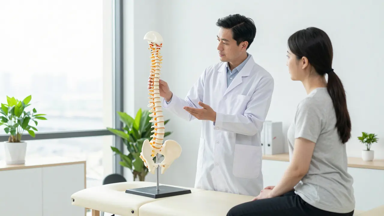 Chiropraktik vysvětluje pacientovi stav páteře v moderní ordinaci