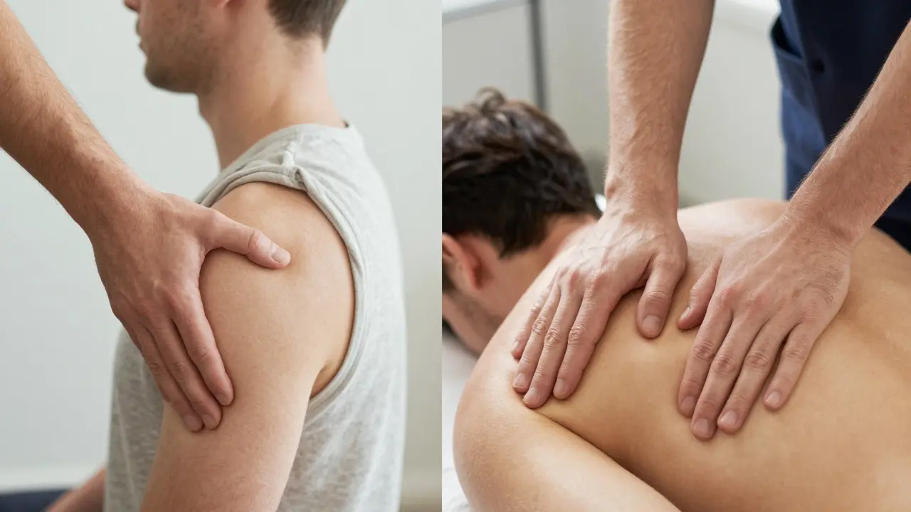 Srovnání rukou chiropraktika při úpravě kloubů a maséra na svalech