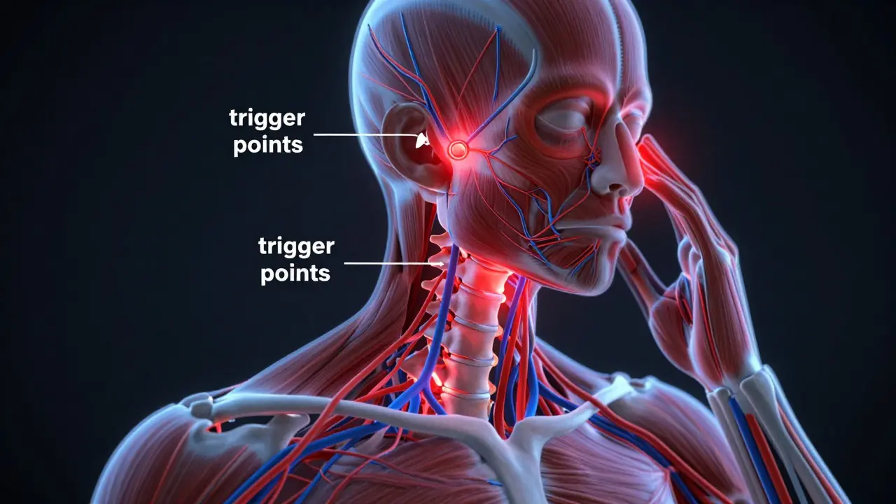Anatomická ilustrace nervů krční páteře a bodů bolesti hlavy