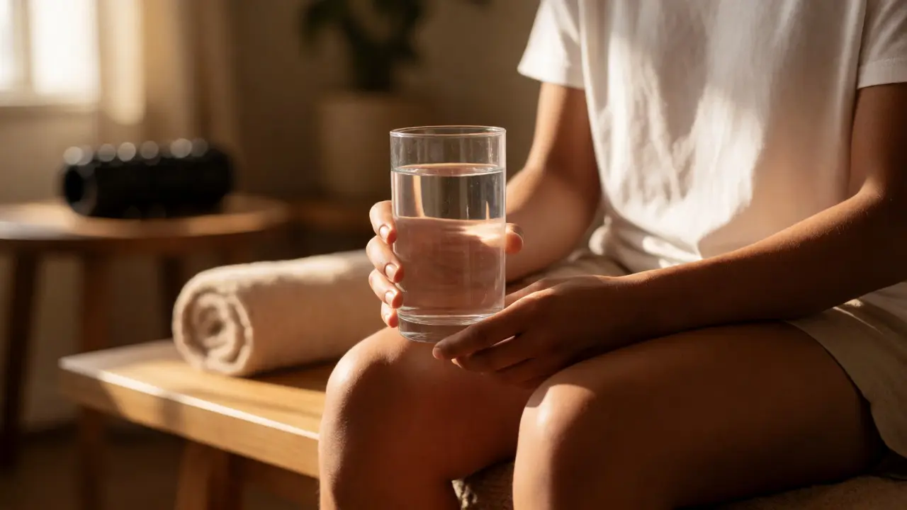 Osoba pije vodu po masáži pro hydrataci a regeneraci těla
