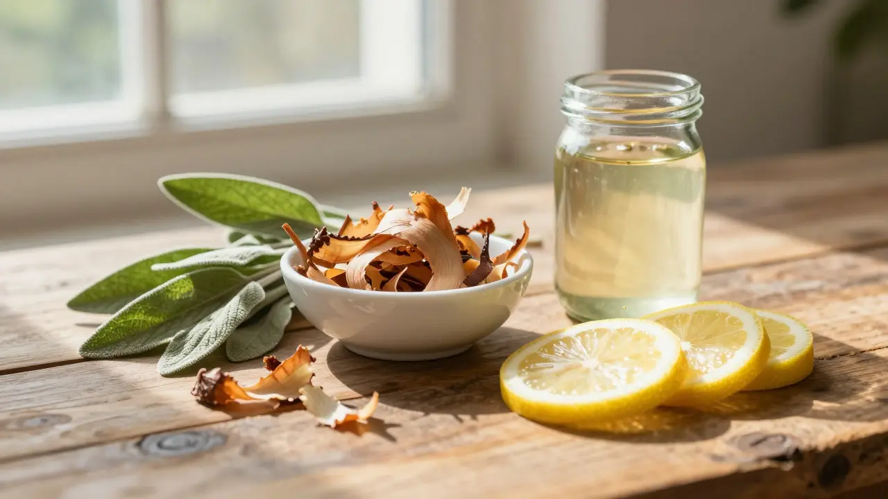 Přírodní ingredience jako šalvěj a citron na stole