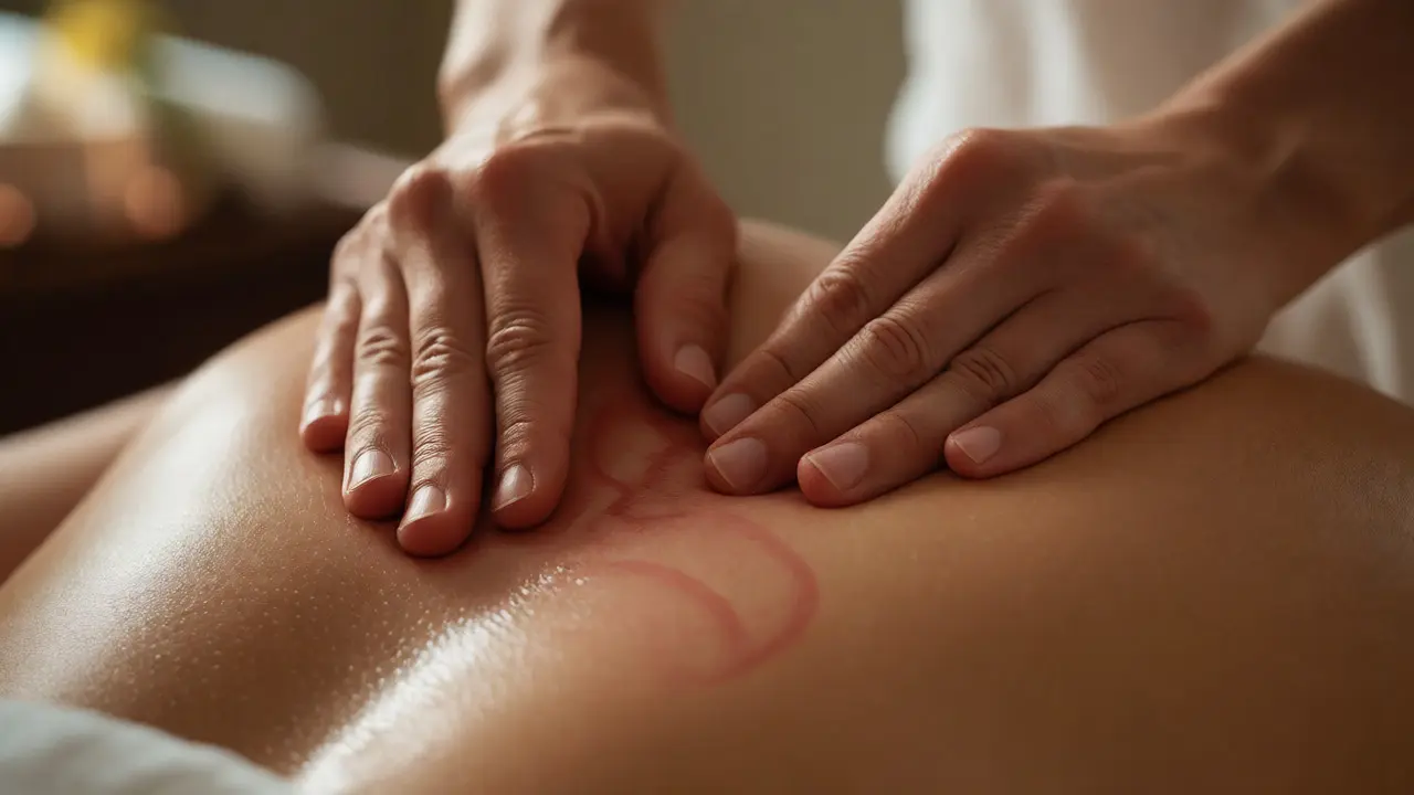Detail rukou terapeuta aplikujících tlak na záda klienta pro úlevu od bolesti