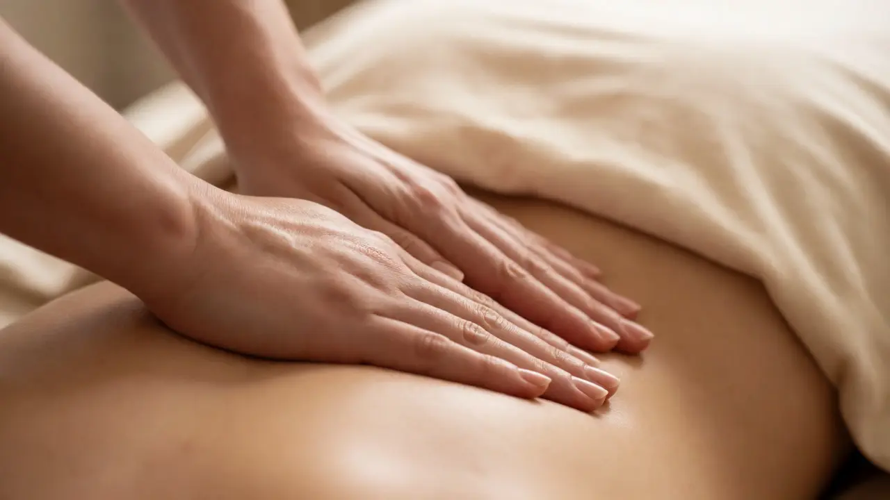 Detail rukou terapeuta nanášejících olej na záda klienta při masáži