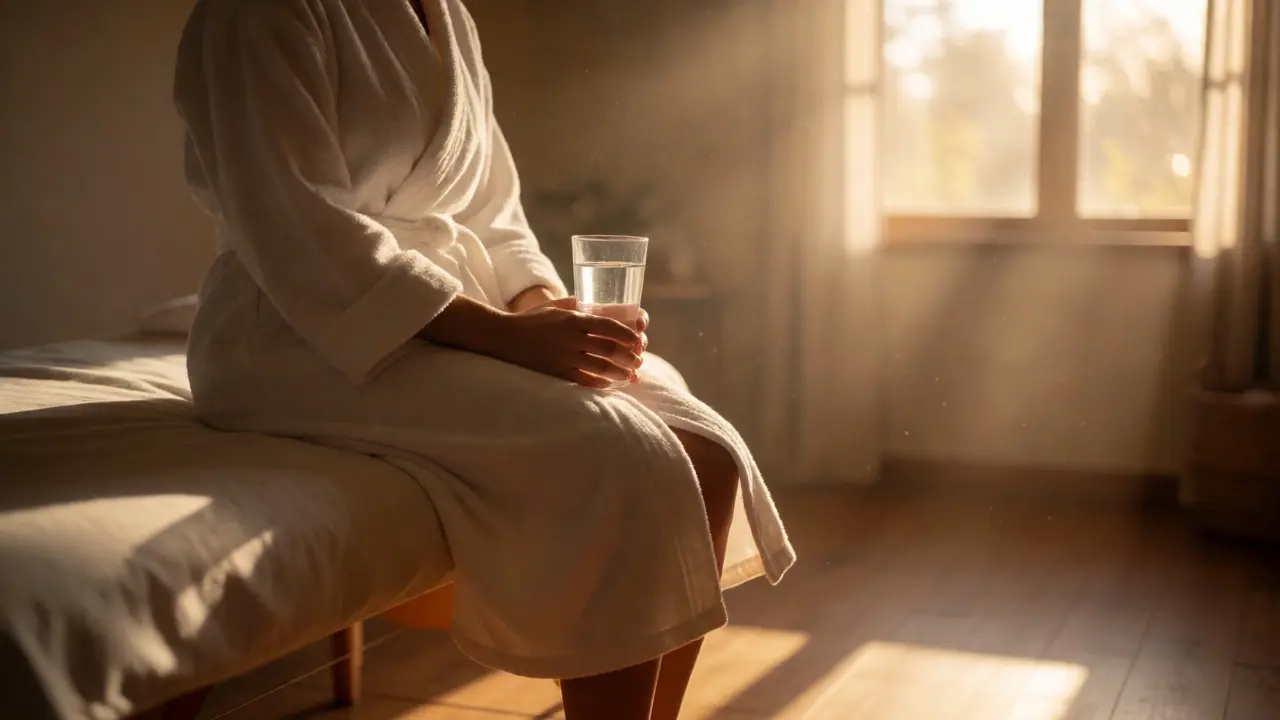 Klientka pijící vodu po masáži ve slunečním světle pro regeneraci