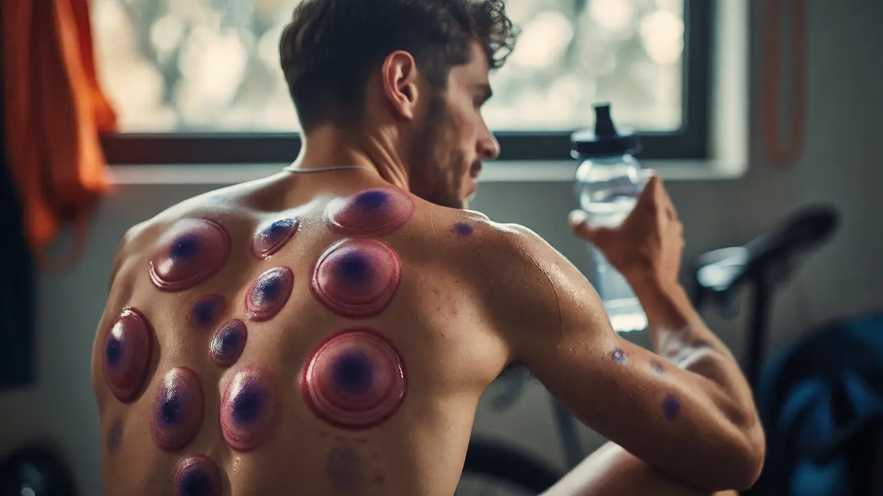 Sportovec s kruhovými fialovými stopami po cuppingu na zádech