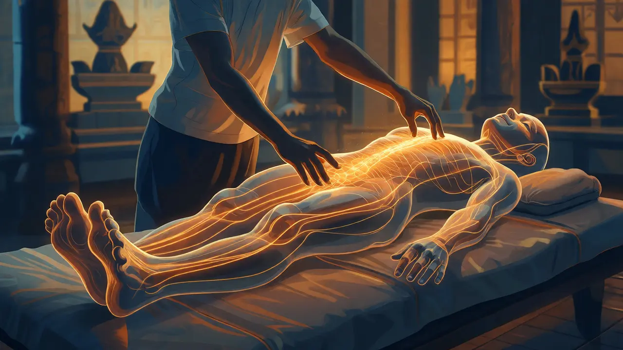 Ilustrace svítících energetických linií Sen procházejících tělem během thajské masáže.